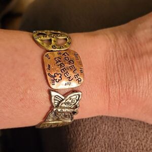 5/$15 Multi tone metal bracelet, bohemian style with save the Earth phrases